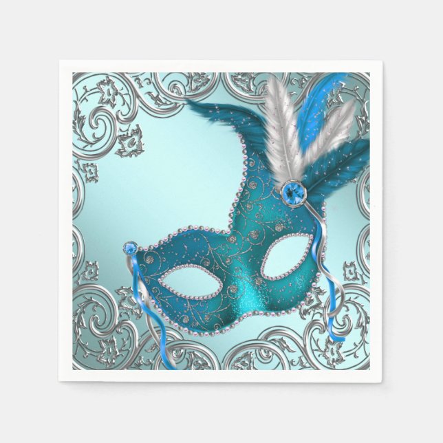 Teal Blue Masquerade Party Napkins (Front)