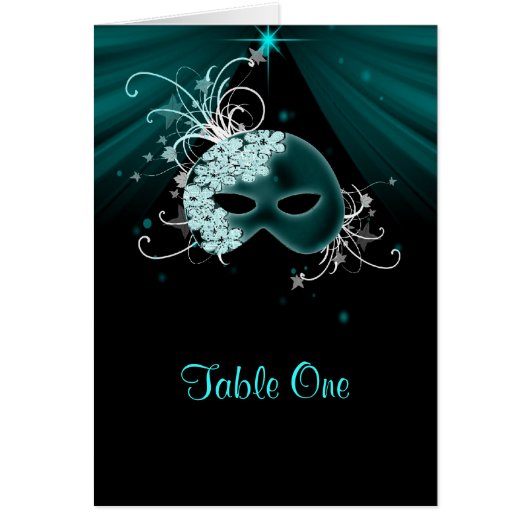 Teal Blue Masquerade Party Table Cards (Front)
