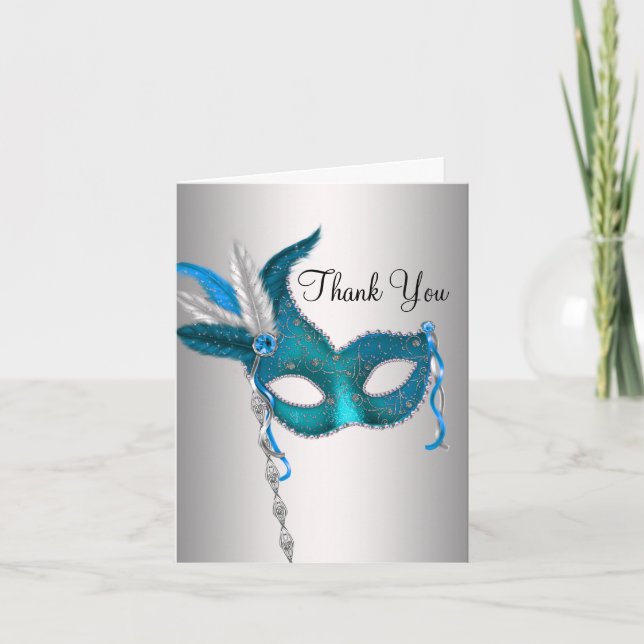 Teal Blue Masquerade Party Thank You Cards (Front)