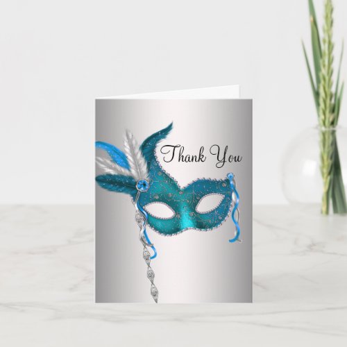 Teal Blue Masquerade Party Thank You Cards