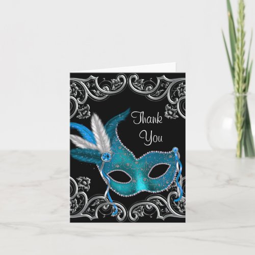 Teal Blue Masquerade Party Thank You Cards