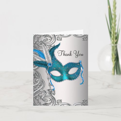 Teal Blue Masquerade Party Thank You Cards