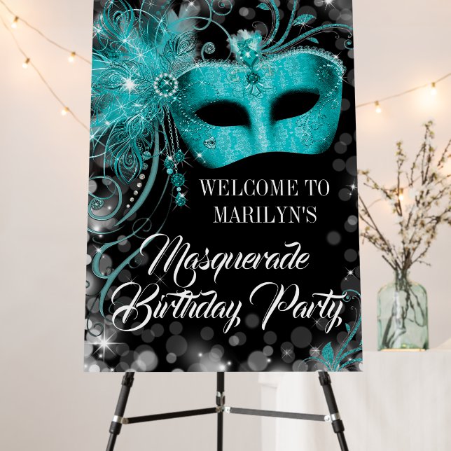 Teal Blue Masquerade Party Weclome Sign Foam Board (In Situ (Stand))