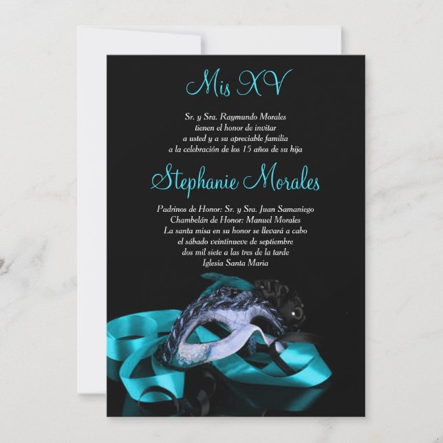 Teal Blue Masquerade Quinceanera Invitation (Front)