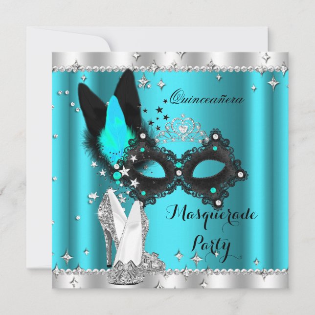 Teal Blue Masquerade Quinceanera Mask Hi Heels 3a Invitation (Front)