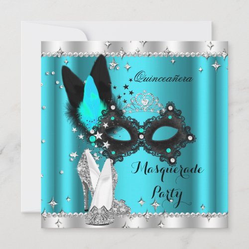 Teal Blue Masquerade Quinceanera Mask Hi Heels 3a Invitation