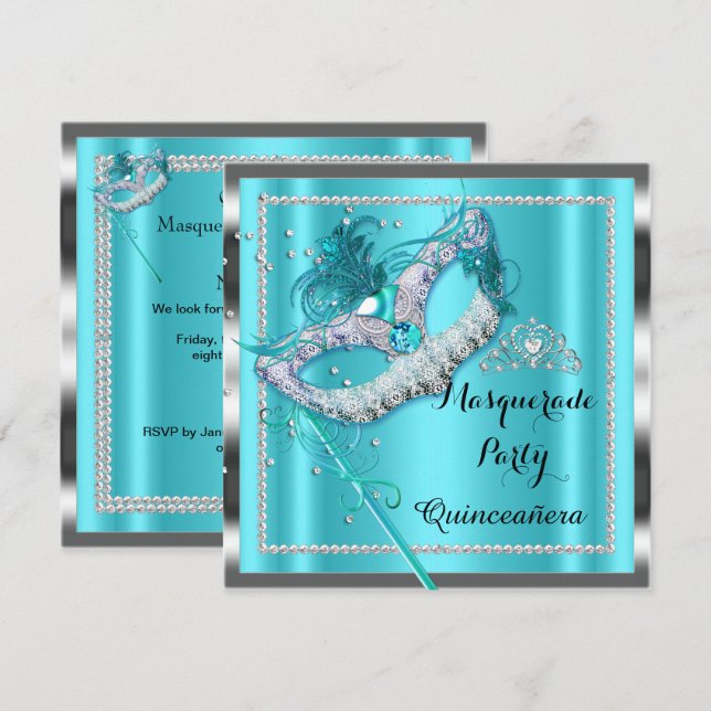 Teal Blue Masquerade Quinceanera Party Mask 2 Invitation (Front/Back)