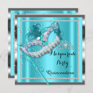Teal Blue Masquerade Quinceanera Party Mask 2 Invitation