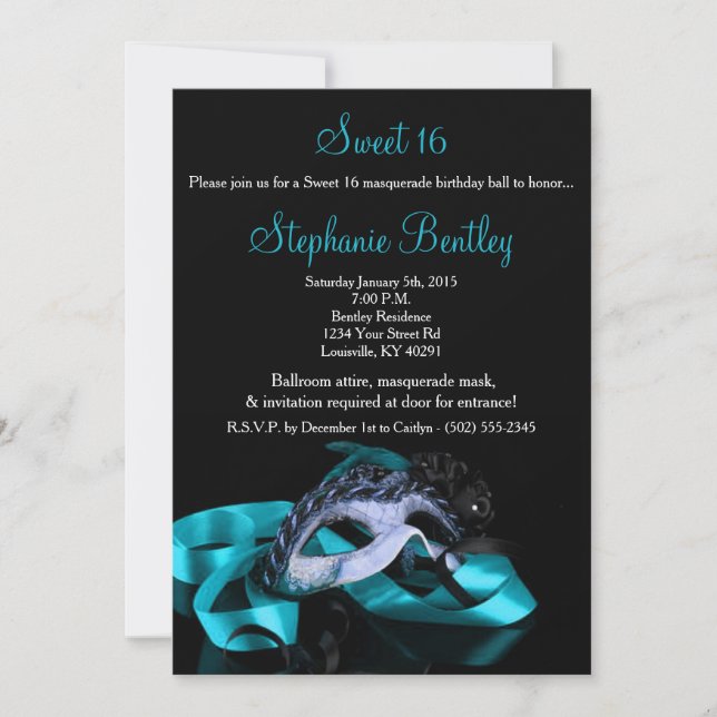 Teal Blue Masquerade Sweet 16 Birthday Invitation (Front)