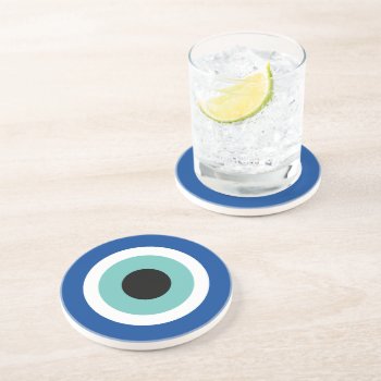 Teal Blue Mati Evil Eye Luck And Protection Symbol Coaster by logotees at Zazzle