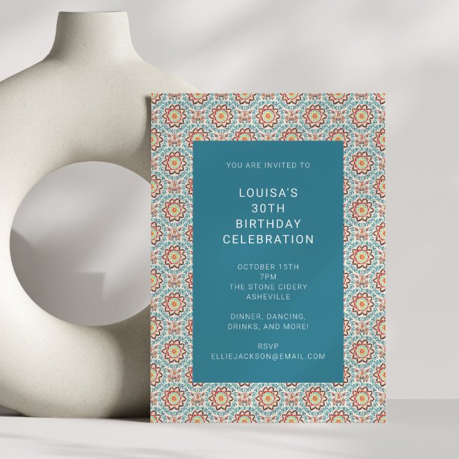 Teal Blue Medallion Border Folk Pattern Birthday Invitation (Creator Uploaded)