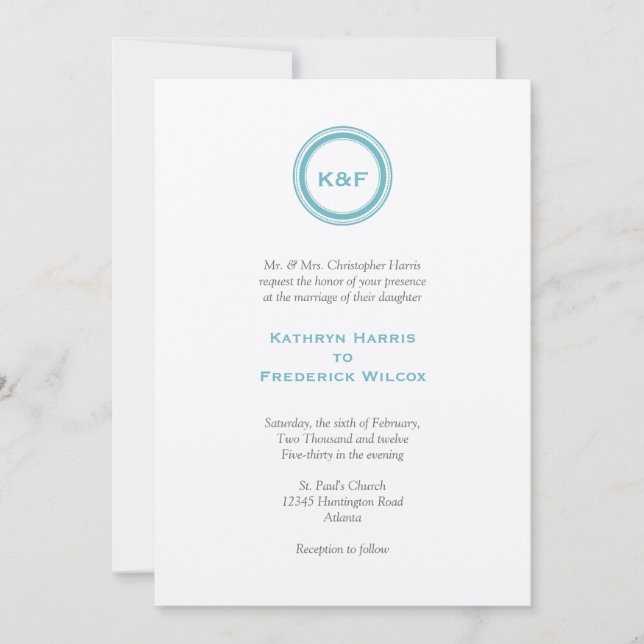 Teal blue medallion initials wedding invitation (Front)