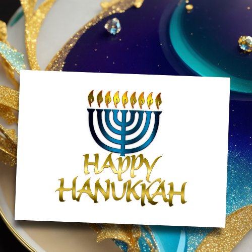 Teal Blue Menorah Flames Happy Hanukkah Card