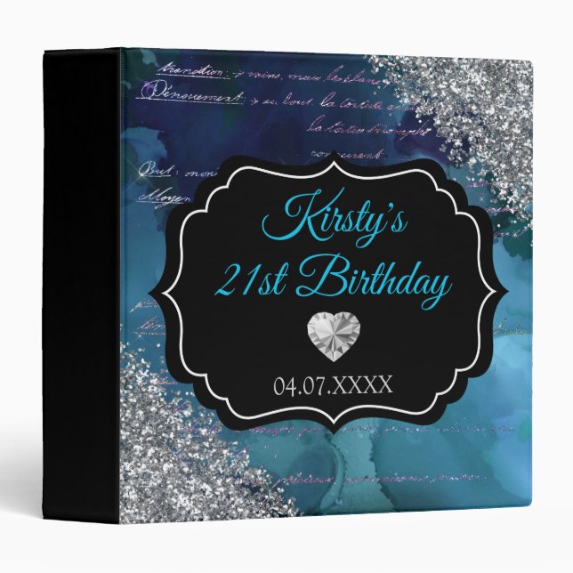 Teal Blue Mermaid Glitter Birthday Photo Album 3 Ring Binder (Front/Spine)