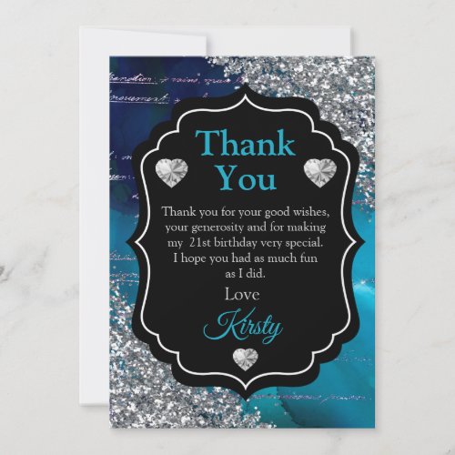 Teal Blue Mermaid Letters Silver Glitter Thank You