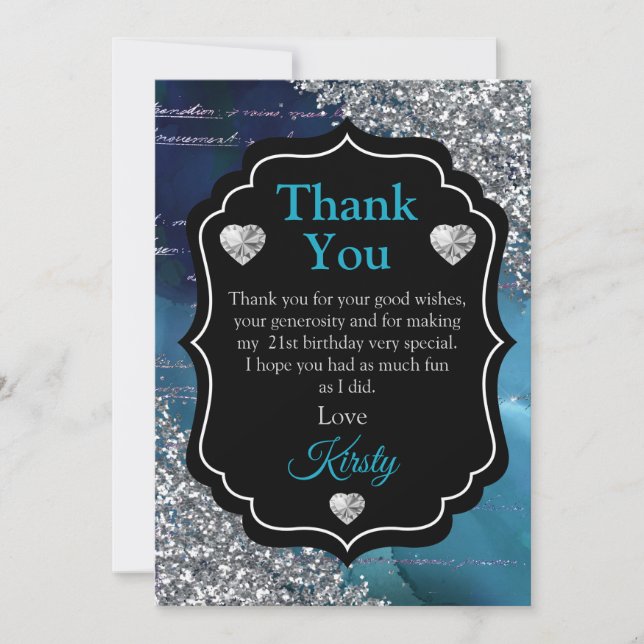 Teal Blue Mermaid Letters Silver Glitter Thank You Card (Front)