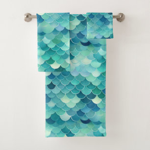 Teal Blue Mermaid Scale Pattern Bath Towel Set