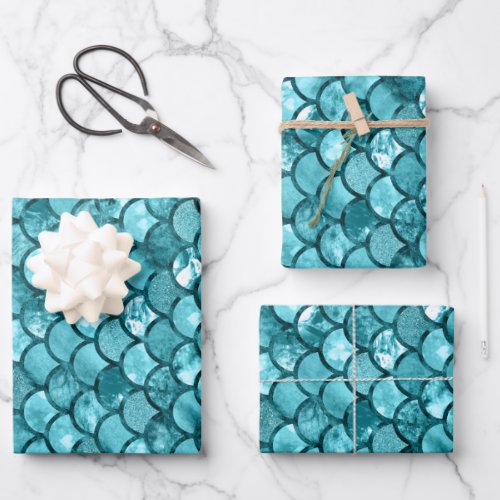 Teal Blue Mermaid Scales Pattern Wrapping Paper Sheets