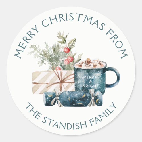 Teal Blue Merry Christmas Hot Chocolate Food Classic Round Sticker