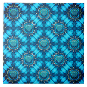 Teal Blue Metal Flowers with Gems Pattern Ceramic Tile