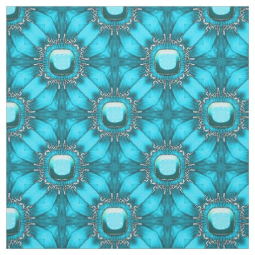 Teal Blue Metal Flowers with Gems Pattern Fabric
