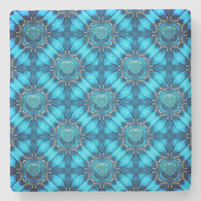 Teal Blue Metal Flowers with Gems Pattern Stone Coaster (Front)