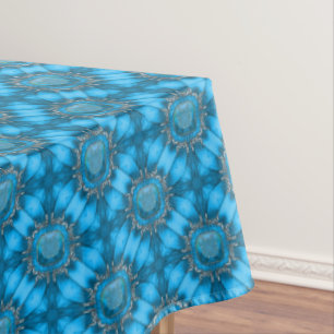 Teal Blue Metal Flowers with Gems Pattern Tablecloth
