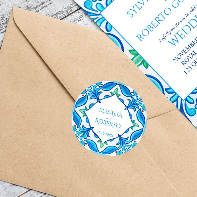 Teal blue Mexican Talavera bride and groom names  Classic Round Sticker (Teal blue Mexican Talavera wedding bride and groom names Sticker monogrammed envelope stickers)