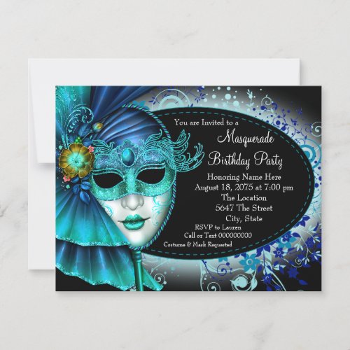 Teal Blue Midnight Masquerade Party Invitation