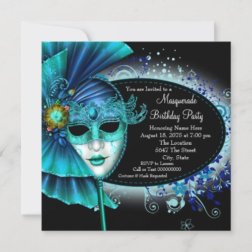 Teal Blue Midnight Masquerade Party Invitation