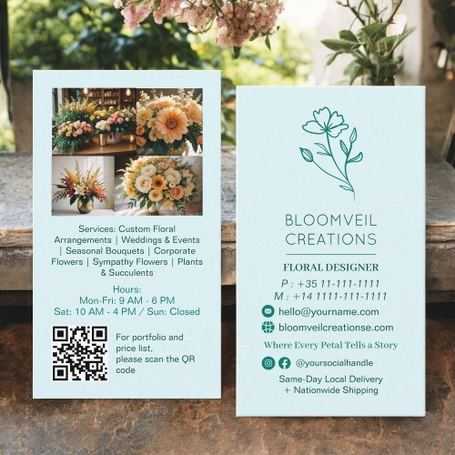 Teal blue minimalist florist photos qr code business card