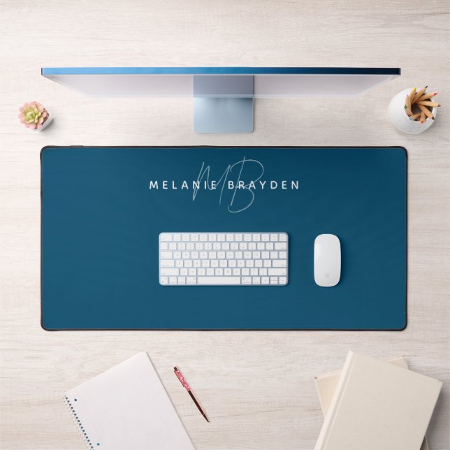 Teal Blue Minimalist Monogram Desk Mat (Office 1)