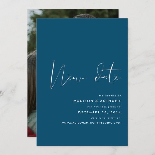 Teal Blue Minimalist Photo New Date Wedding  Announcement