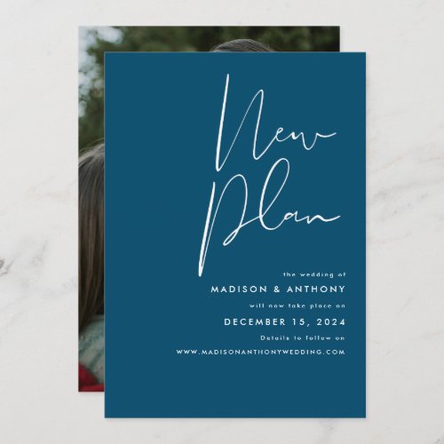 Teal Blue Minimalist Photo New Plan Wedding Announcement