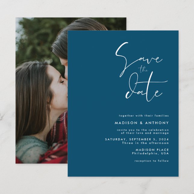 Teal Blue Minimalist Save the Date Wedding Photo Invitation Postcard (Front/Back)
