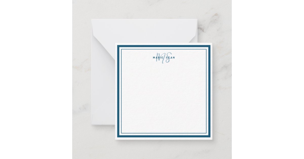 Teal Blue Minimalist Simple Monogram Two Border Note Card | Zazzle