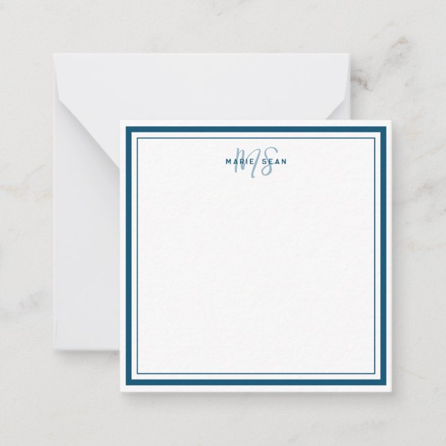 Teal Blue Minimalist Simple Monogram Two Border Note Card (Front)