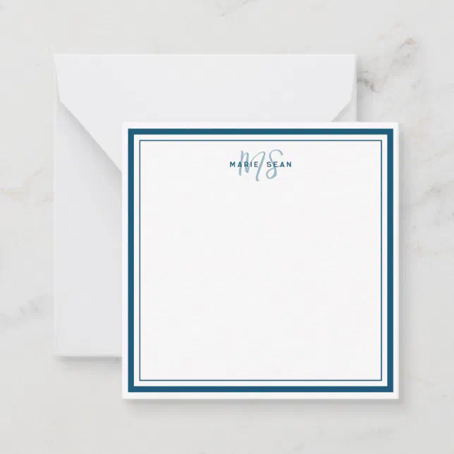 Teal Blue Minimalist Simple Monogram Two Border Note Card | Zazzle