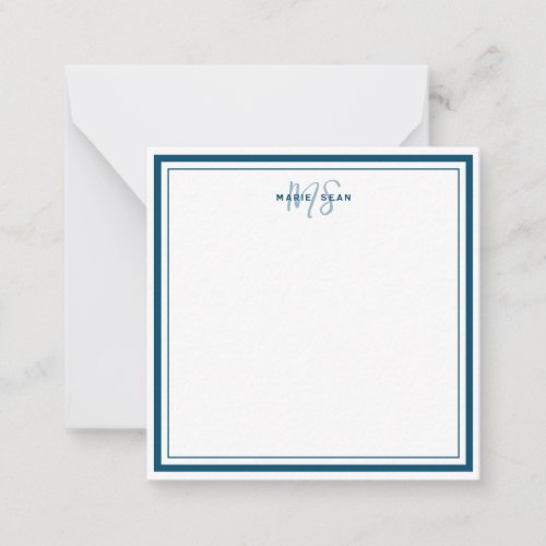 Teal Blue Minimalist Simple Monogram Two Border Note Card