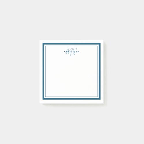 Teal Blue Minimalist Simple Monogram Two Border Post_it Notes