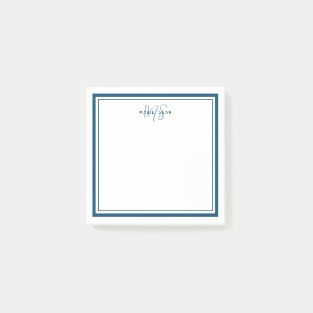 Teal Blue Minimalist Simple Monogram Two Border Post-it Notes (Front)