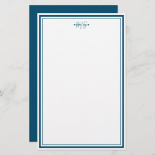 Teal Blue Minimalist Simple Monogram Two Border  Stationery