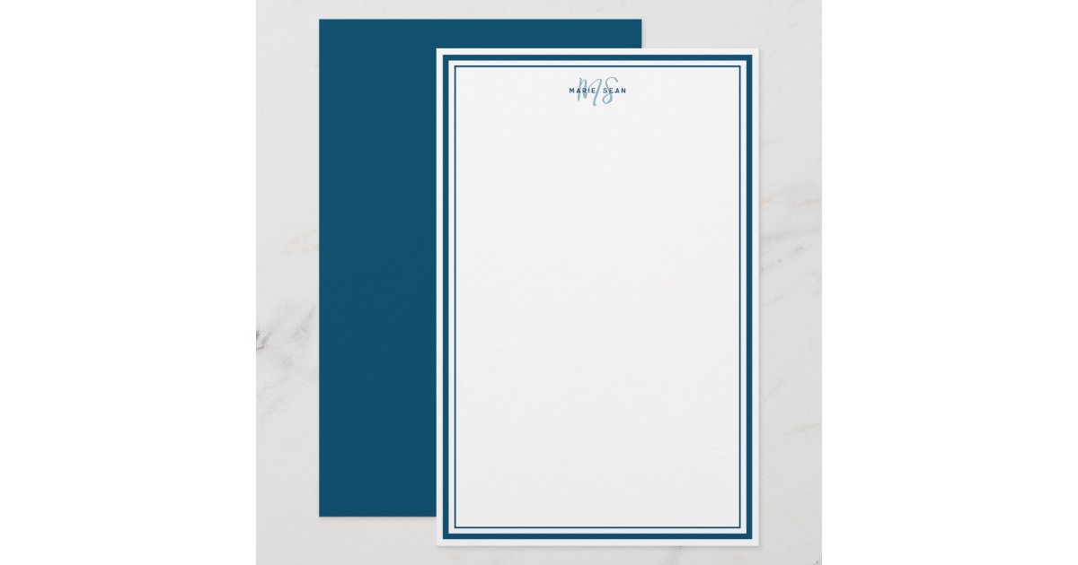 Teal Blue Minimalist Simple Monogram Two Border Stationery | Zazzle