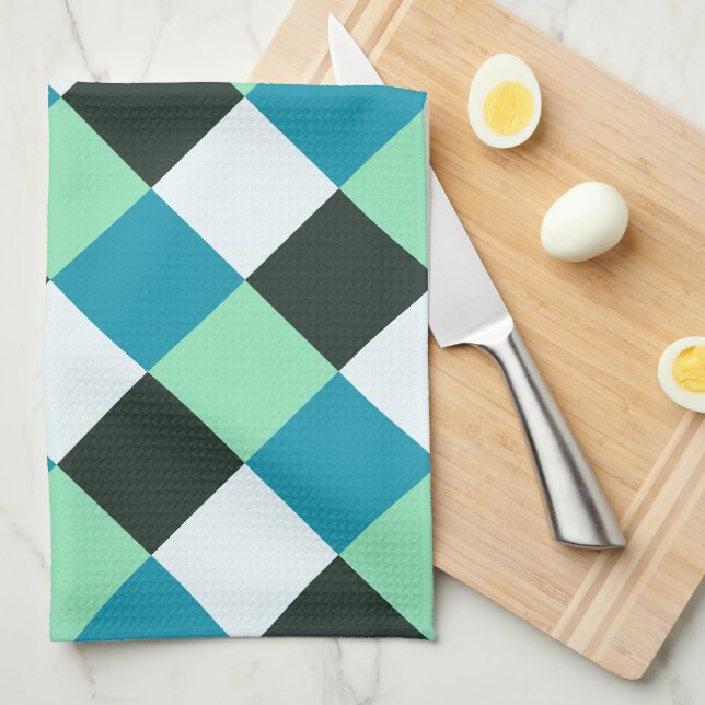Teal Blue Mint Green Coal White Plaid Kitchen Towel (Quarter Fold)