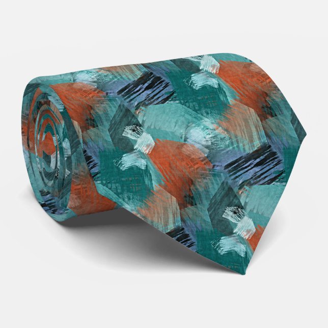 Teal Blue Mint Green Orange Abstract Art Neck Tie (Rolled)