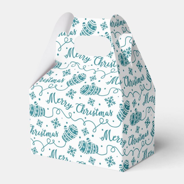 Teal Blue Mittens Pattern Christmas Favor Boxes (Front Side)