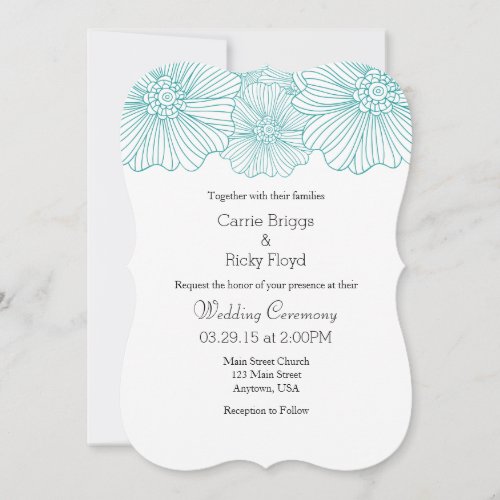 Teal Blue Mod Flower Outlines Wedding Invitations