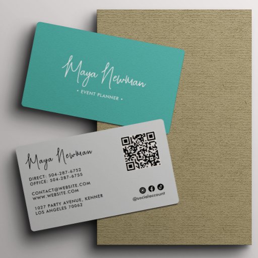 Customizable TEAL BLUE Modern Elegant Minimal QR Code Creative Business Card