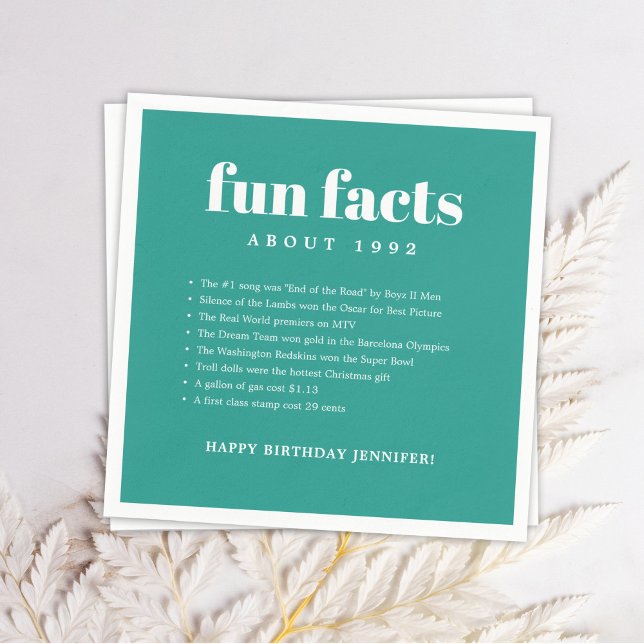 Teal Blue Modern Minimal Fun Facts Birthday Year Napkins (Creator Uploaded)
