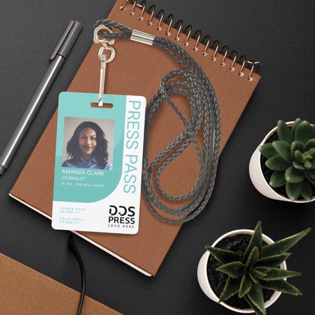 Teal Blue Modern & Minimal Press Pass Photo ID Badge (Creator Uploaded)